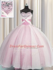Spaghetti Straps Organza Sleeveless Floor Length Quinceanera Dresses and Beading and Ruching