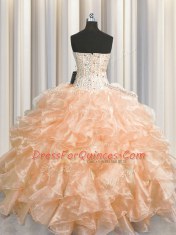 Visible Boning Zipper Up Peach Ball Gowns Organza Sweetheart Sleeveless Beading and Ruffles Floor Length Zipper Sweet 16 Quinceanera Dress