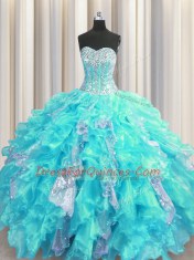Visible Boning Sleeveless Beading and Ruffles and Sequins Lace Up 15th Birthday Dress