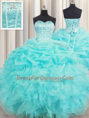 Visible Boning Sleeveless Lace Up Floor Length Beading and Ruffles and Pick Ups Quinceanera Gown