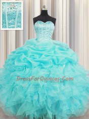Visible Boning Sleeveless Lace Up Floor Length Beading and Ruffles and Pick Ups Quinceanera Gown