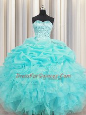 Visible Boning Sleeveless Lace Up Floor Length Beading and Ruffles and Pick Ups Quinceanera Gown