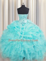 Visible Boning Sleeveless Lace Up Floor Length Beading and Ruffles and Pick Ups Quinceanera Gown