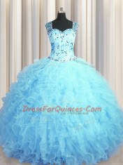 See Through Zipper Up Sleeveless Beading and Ruffles Zipper Ball Gown Prom Dress