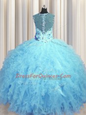 See Through Zipper Up Sleeveless Beading and Ruffles Zipper Ball Gown Prom Dress
