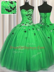 Luxury Sleeveless Tulle Floor Length Lace Up 15 Quinceanera Dress in Green with Beading and Appliques