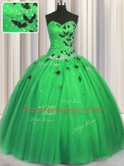 Luxury Sleeveless Tulle Floor Length Lace Up 15 Quinceanera Dress in Green with Beading and Appliques