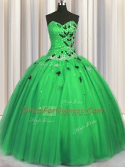 Luxury Sleeveless Tulle Floor Length Lace Up 15 Quinceanera Dress in Green with Beading and Appliques
