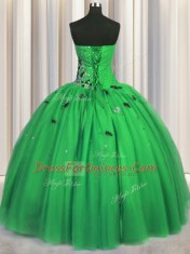 Luxury Sleeveless Tulle Floor Length Lace Up 15 Quinceanera Dress in Green with Beading and Appliques