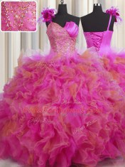 Handcrafted Flower Multi-color Tulle Lace Up One Shoulder Sleeveless Floor Length Quinceanera Dress Beading and Ruffles and Hand Made Flower