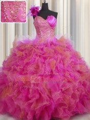 Handcrafted Flower Multi-color Tulle Lace Up One Shoulder Sleeveless Floor Length Quinceanera Dress Beading and Ruffles and Hand Made Flower