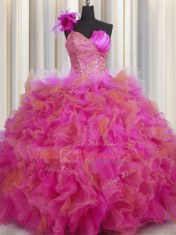 Handcrafted Flower Multi-color Tulle Lace Up One Shoulder Sleeveless Floor Length Quinceanera Dress Beading and Ruffles and Hand Made Flower