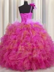Handcrafted Flower Multi-color Tulle Lace Up One Shoulder Sleeveless Floor Length Quinceanera Dress Beading and Ruffles and Hand Made Flower