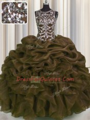 Luxury See Through Sweetheart Sleeveless Sweet 16 Dress Floor Length Beading and Pick Ups Brown Organza