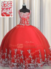 Sleeveless Tulle Floor Length Lace Up Ball Gown Prom Dress in Coral Red with Beading and Appliques