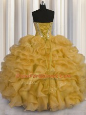 Sexy Organza Sleeveless Floor Length 15 Quinceanera Dress and Beading and Ruffles