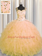 Stylish See Through Zipper Up Gold Sleeveless Tulle Zipper Vestidos de Quinceanera for Military Ball and Sweet 16 and Quinceanera
