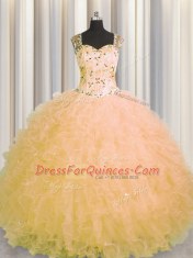 Stylish See Through Zipper Up Gold Sleeveless Tulle Zipper Vestidos de Quinceanera for Military Ball and Sweet 16 and Quinceanera