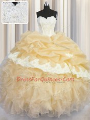 Gold Organza Lace Up Quinceanera Dress Sleeveless Floor Length Beading and Appliques and Ruffles and Pick Ups