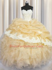 Gold Organza Lace Up Quinceanera Dress Sleeveless Floor Length Beading and Appliques and Ruffles and Pick Ups