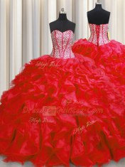 Visible Boning Red Quinceanera Gown Military Ball and Sweet 16 and Quinceanera and For with Beading and Ruffles Sweetheart Sleeveless Lace Up