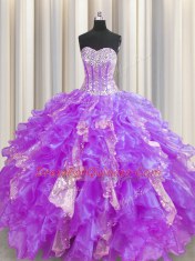 Sequins Visible Boning Floor Length Lavender Quinceanera Gown Sweetheart Sleeveless Lace Up