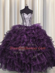 Luxurious Visible Boning Dark Purple Lace Up Vestidos de Quinceanera Ruffles and Sequins Sleeveless Floor Length