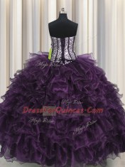 Luxurious Visible Boning Dark Purple Lace Up Vestidos de Quinceanera Ruffles and Sequins Sleeveless Floor Length