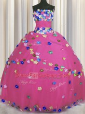 Best Selling Hot Pink Strapless Neckline Hand Made Flower Quinceanera Dress Sleeveless Lace Up