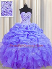 Sleeveless Floor Length Beading and Ruffles and Pick Ups Lace Up Quince Ball Gowns with Lavender