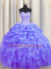 Sleeveless Floor Length Beading and Ruffles and Pick Ups Lace Up Quince Ball Gowns with Lavender