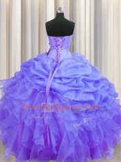 Sleeveless Floor Length Beading and Ruffles and Pick Ups Lace Up Quince Ball Gowns with Lavender