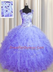 Artistic See Through Zipper Up Lavender Ball Gowns Beading and Ruffles Quinceanera Gown Zipper Tulle Sleeveless Floor Length