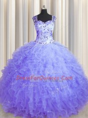 Artistic See Through Zipper Up Lavender Ball Gowns Beading and Ruffles Quinceanera Gown Zipper Tulle Sleeveless Floor Length