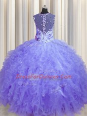 Artistic See Through Zipper Up Lavender Ball Gowns Beading and Ruffles Quinceanera Gown Zipper Tulle Sleeveless Floor Length