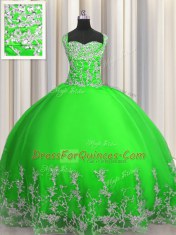 Custom Design Green Lace Up Quinceanera Gown Beading and Appliques Sleeveless Floor Length