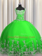Custom Design Green Lace Up Quinceanera Gown Beading and Appliques Sleeveless Floor Length