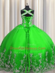 Custom Design Green Lace Up Quinceanera Gown Beading and Appliques Sleeveless Floor Length