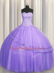 Visible Boning Big Puffy Sleeveless Tulle Floor Length Lace Up 15th Birthday Dress in Lavender with Beading