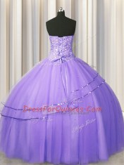 Visible Boning Big Puffy Sleeveless Tulle Floor Length Lace Up 15th Birthday Dress in Lavender with Beading