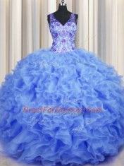 Fashionable V Neck Beading and Appliques and Ruffles Quinceanera Gown Blue Zipper Sleeveless Floor Length