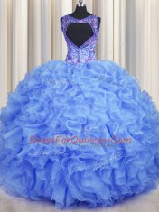 Fashionable V Neck Beading and Appliques and Ruffles Quinceanera Gown Blue Zipper Sleeveless Floor Length