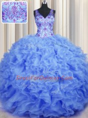 Fashionable V Neck Beading and Appliques and Ruffles Quinceanera Gown Blue Zipper Sleeveless Floor Length