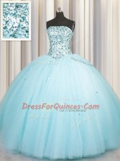 Hot Sale Really Puffy Floor Length Lace Up 15 Quinceanera Dress Aqua Blue for Military Ball and Sweet 16 and Quinceanera with Beading and Sequins
