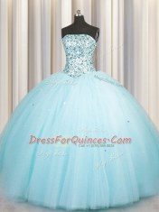 Hot Sale Really Puffy Floor Length Lace Up 15 Quinceanera Dress Aqua Blue for Military Ball and Sweet 16 and Quinceanera with Beading and Sequins