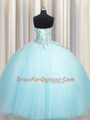 Hot Sale Really Puffy Floor Length Lace Up 15 Quinceanera Dress Aqua Blue for Military Ball and Sweet 16 and Quinceanera with Beading and Sequins