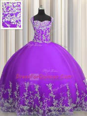 Eggplant Purple Ball Gowns Tulle Straps Sleeveless Beading and Appliques Floor Length Lace Up Quinceanera Gown