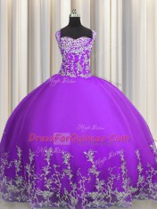 Eggplant Purple Ball Gowns Tulle Straps Sleeveless Beading and Appliques Floor Length Lace Up Quinceanera Gown