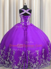 Eggplant Purple Ball Gowns Tulle Straps Sleeveless Beading and Appliques Floor Length Lace Up Quinceanera Gown