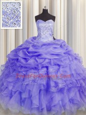 Lavender Ball Gowns Sweetheart Sleeveless Organza Floor Length Lace Up Beading and Ruffles Quinceanera Dress
